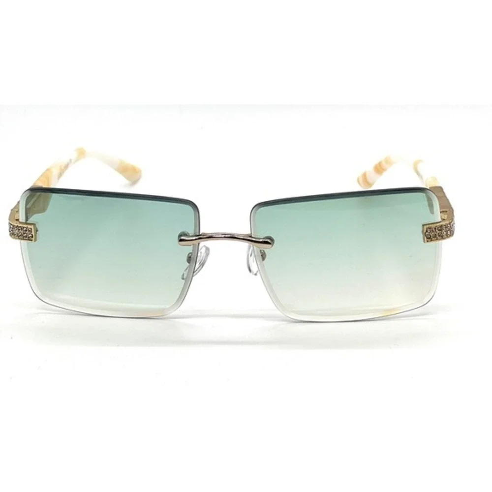 Classic Elegant Sophisticated Modern Women SUNGLASSES Rimless Green Lens Diamond